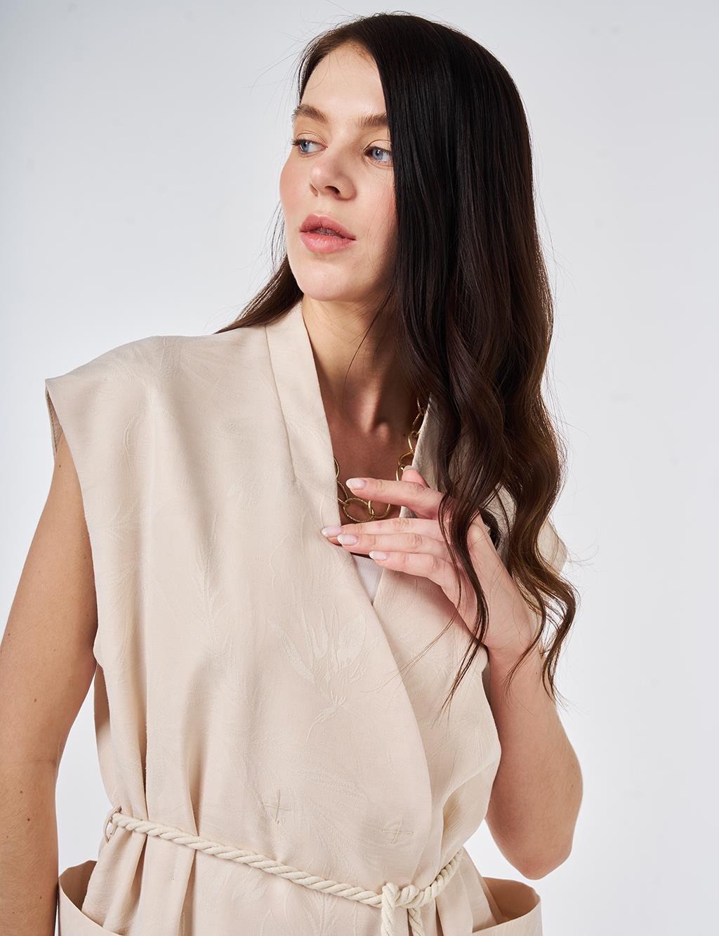 Modal Vest Set with Drawstring Belt Cream