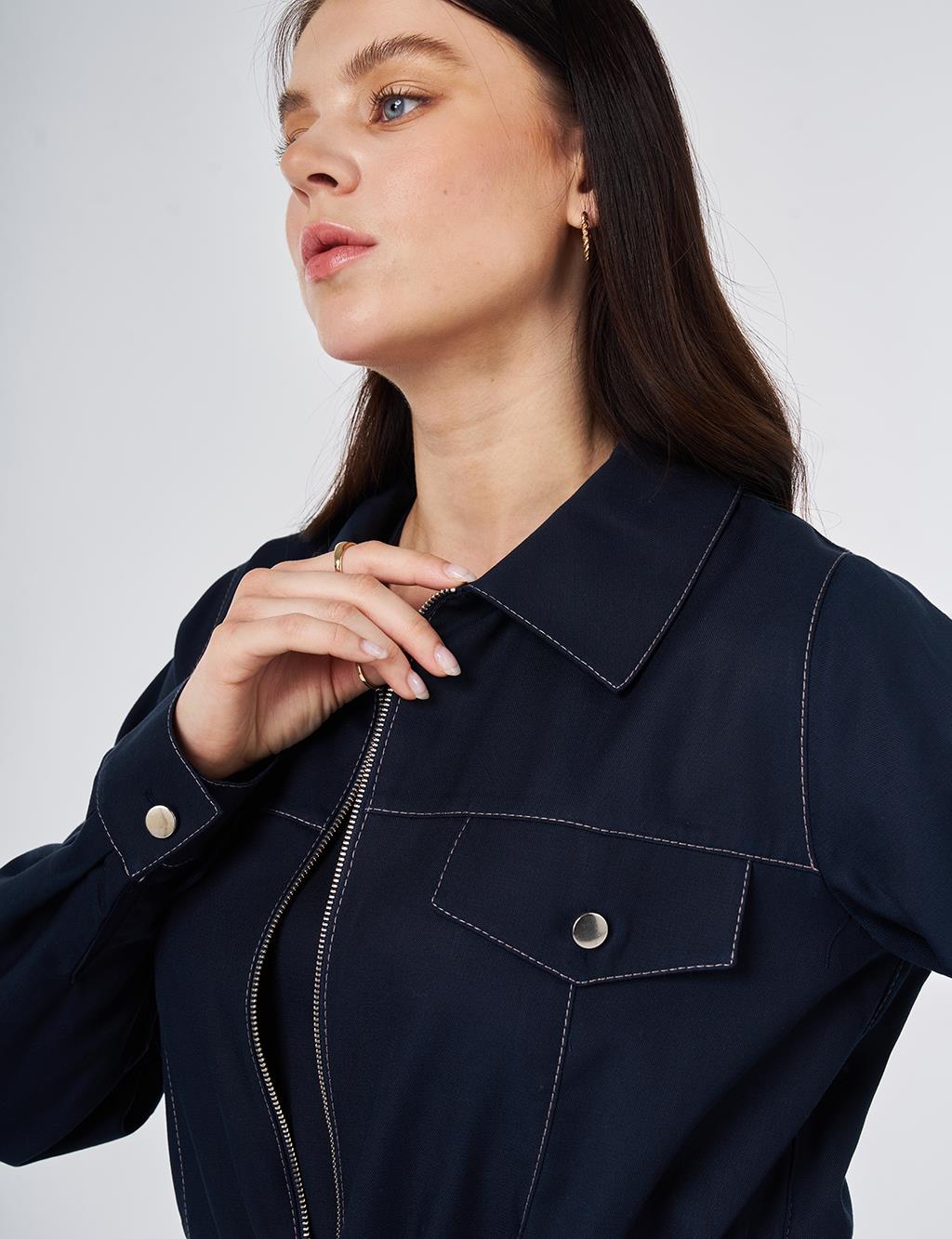 Punto Dikişli Lyocell Pamuk İkili Takım Koyu Lacivert