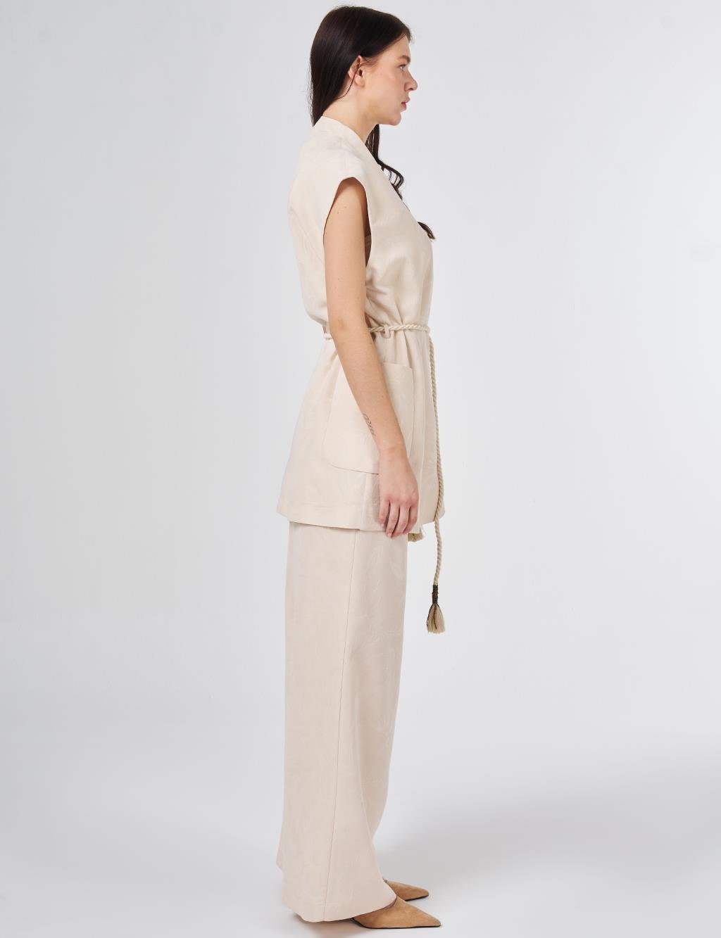 Modal Vest Set with Drawstring Belt Cream