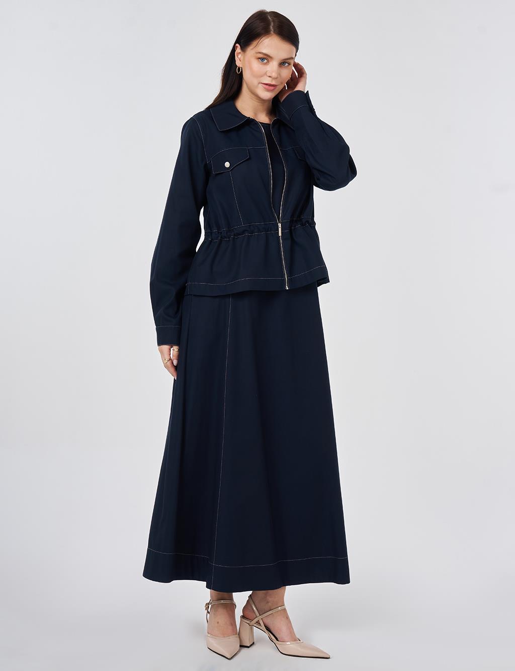 Punto Dikişli Lyocell Pamuk İkili Takım Koyu Lacivert