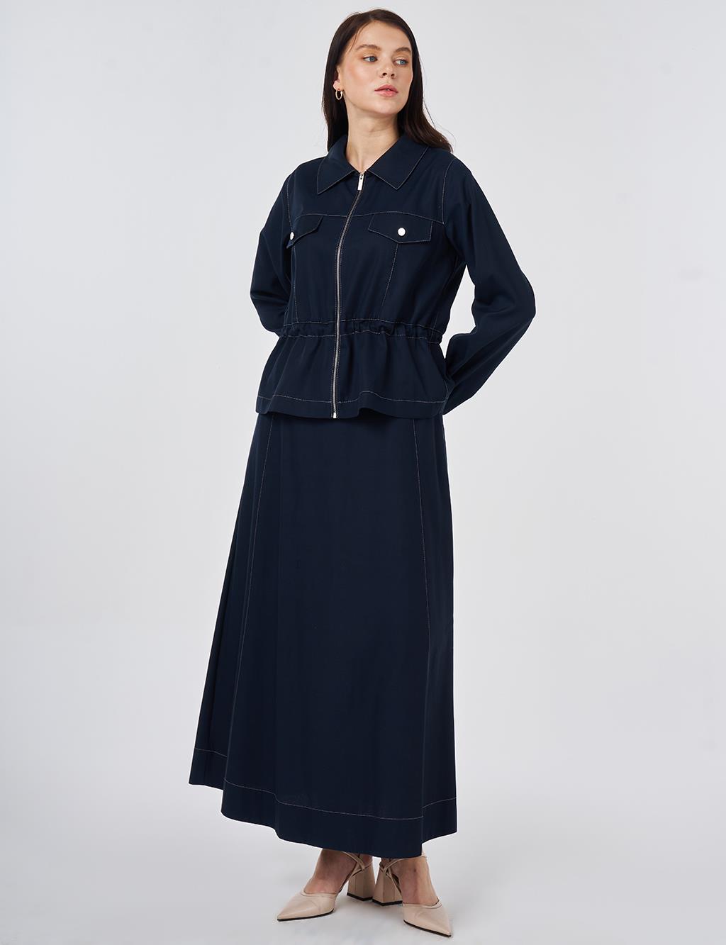 Punto Dikişli Lyocell Pamuk İkili Takım Koyu Lacivert