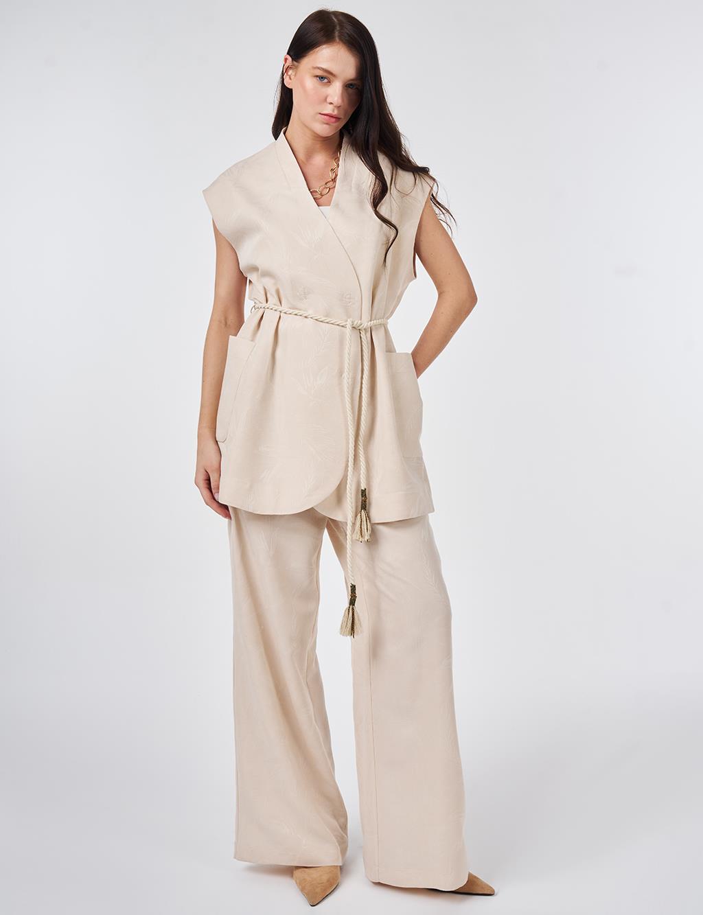 Modal Vest Set with Drawstring Belt Cream