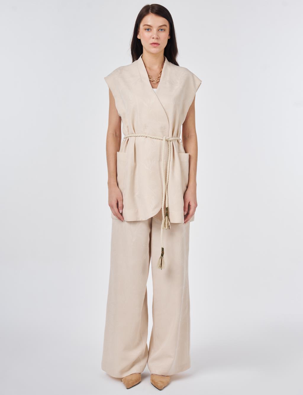 Modal Vest Set with Drawstring Belt Cream