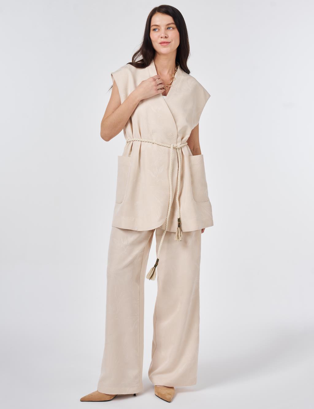 Modal Vest Set with Drawstring Belt Cream