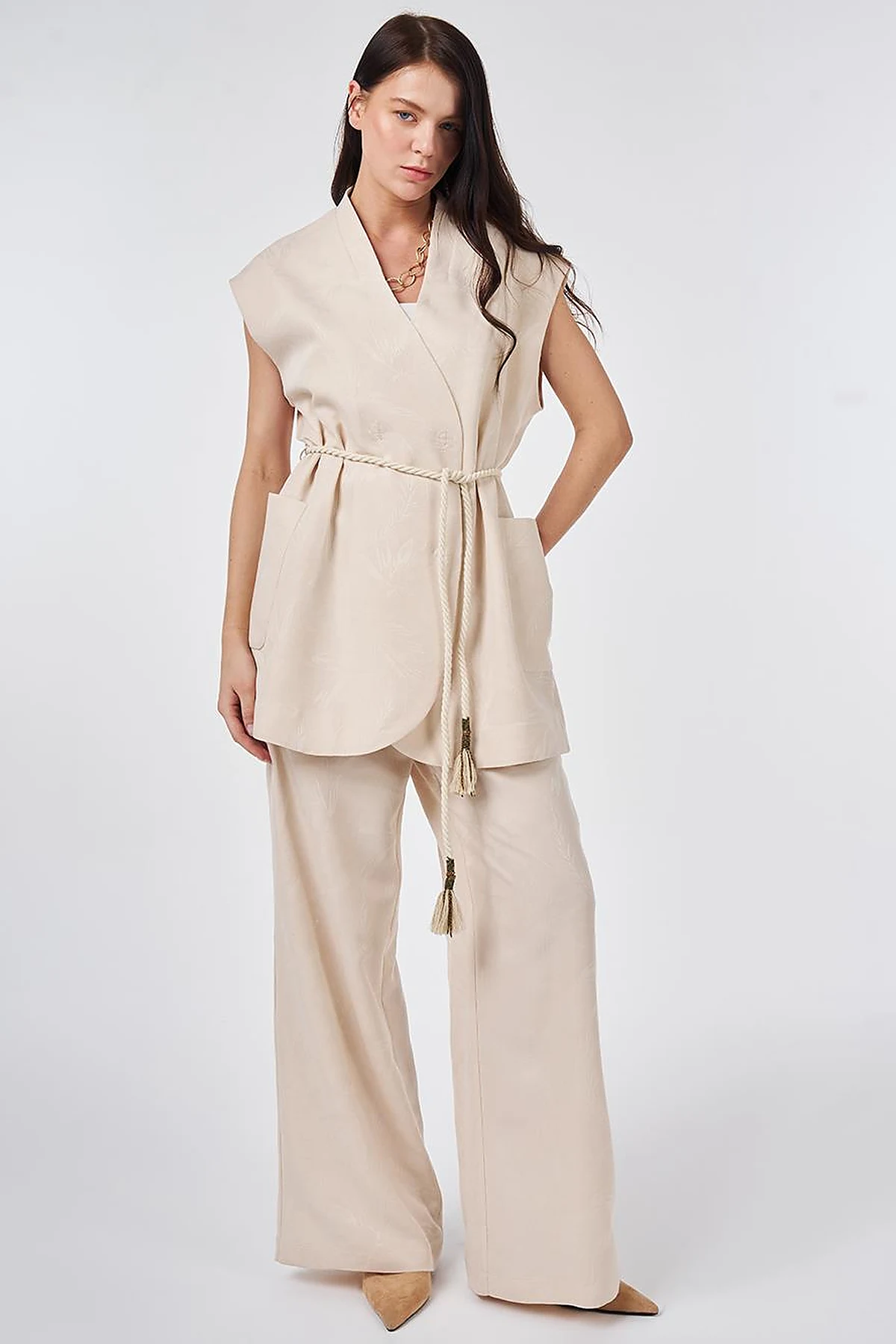 Modal Vest Set with Drawstring Belt Cream