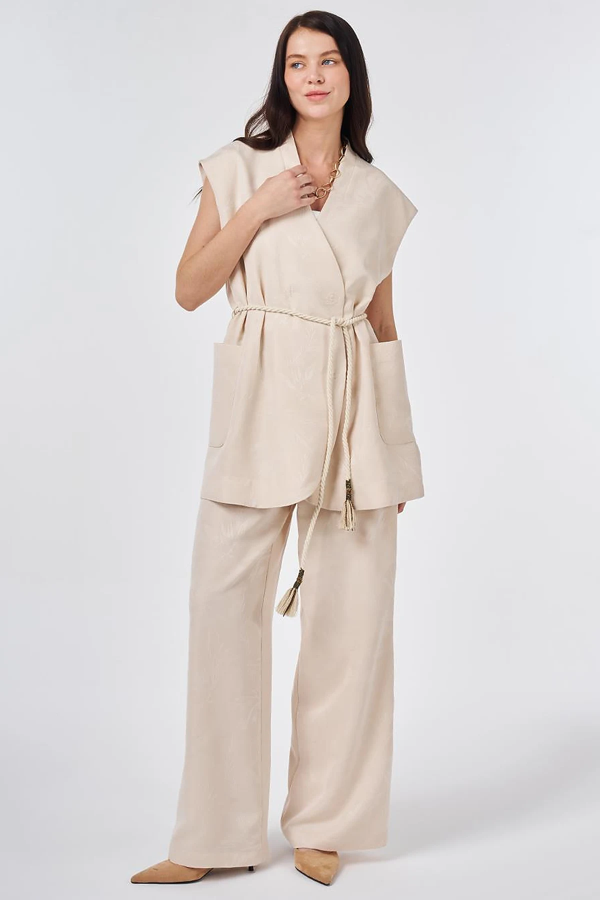 Modal Vest Set with Drawstring Belt Cream