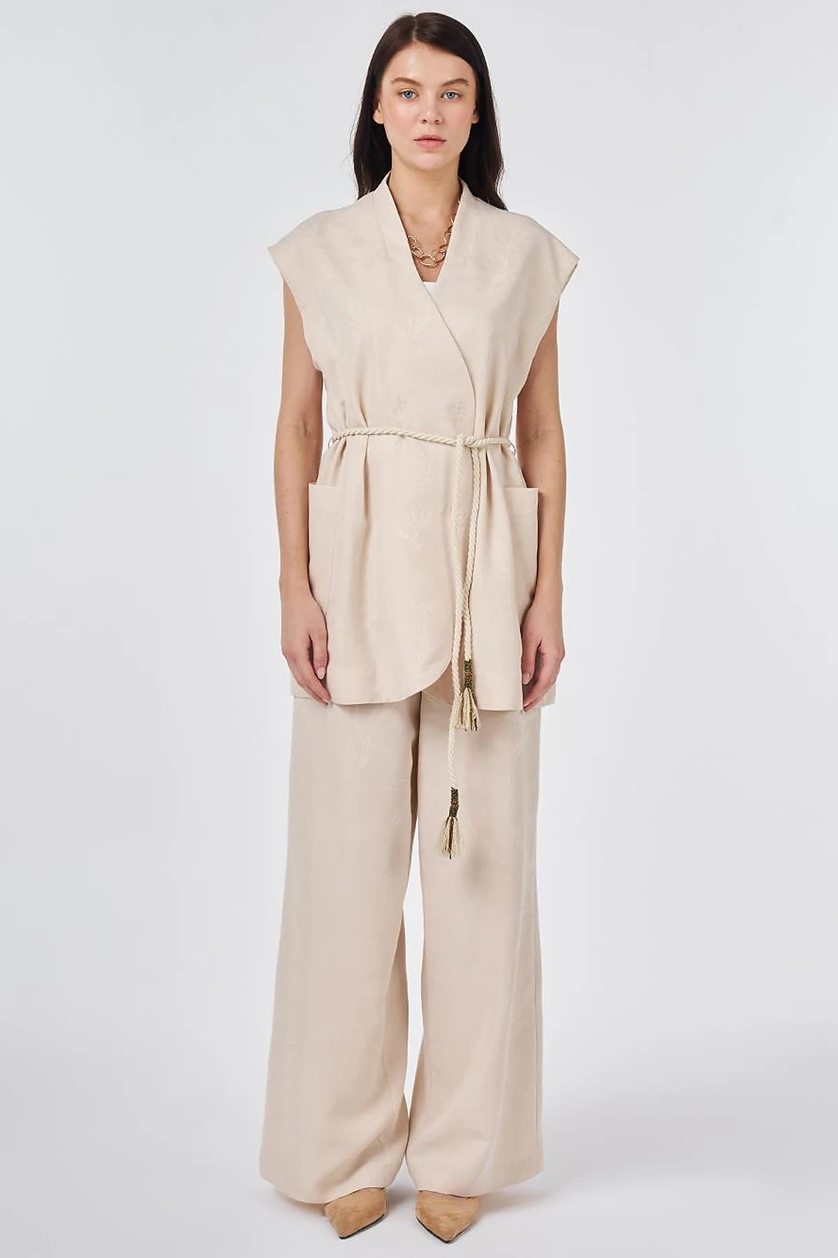 Modal Vest Set with Drawstring Belt Cream