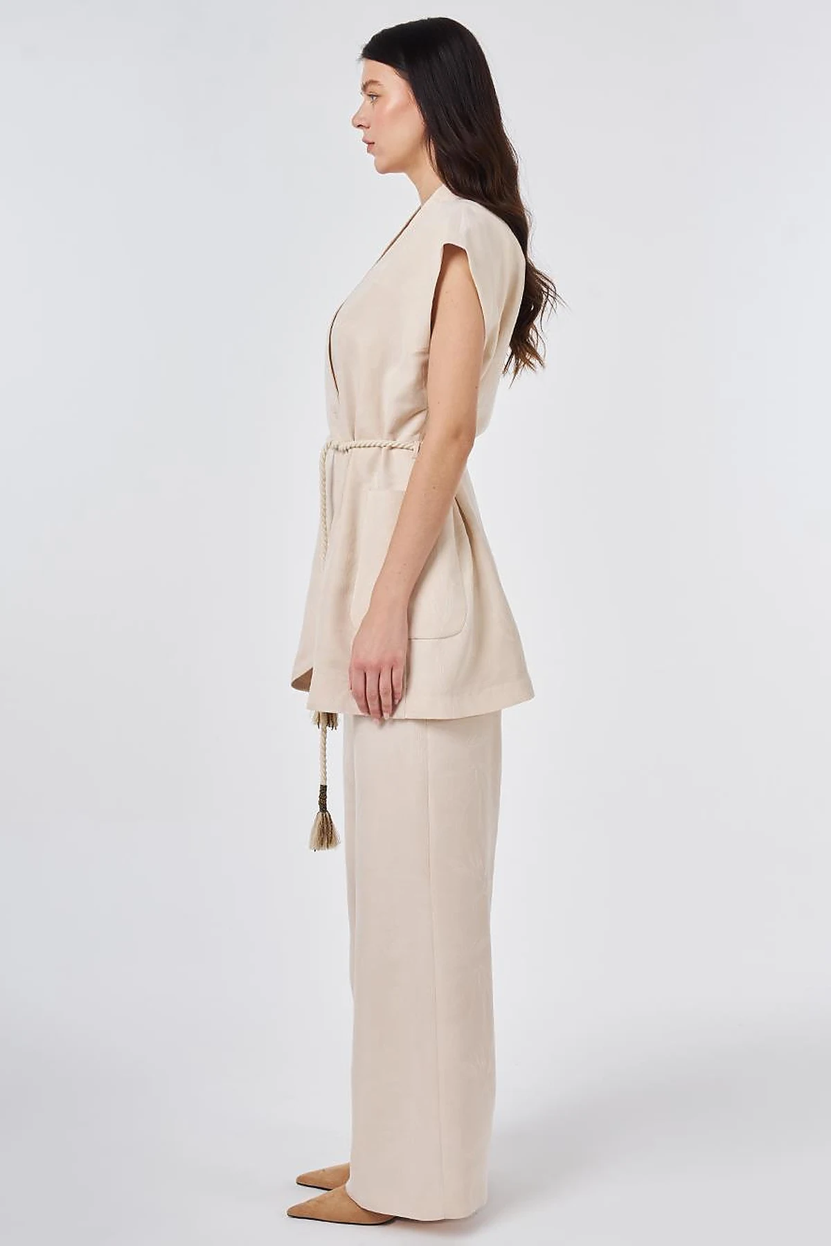 Modal Vest Set with Drawstring Belt Cream