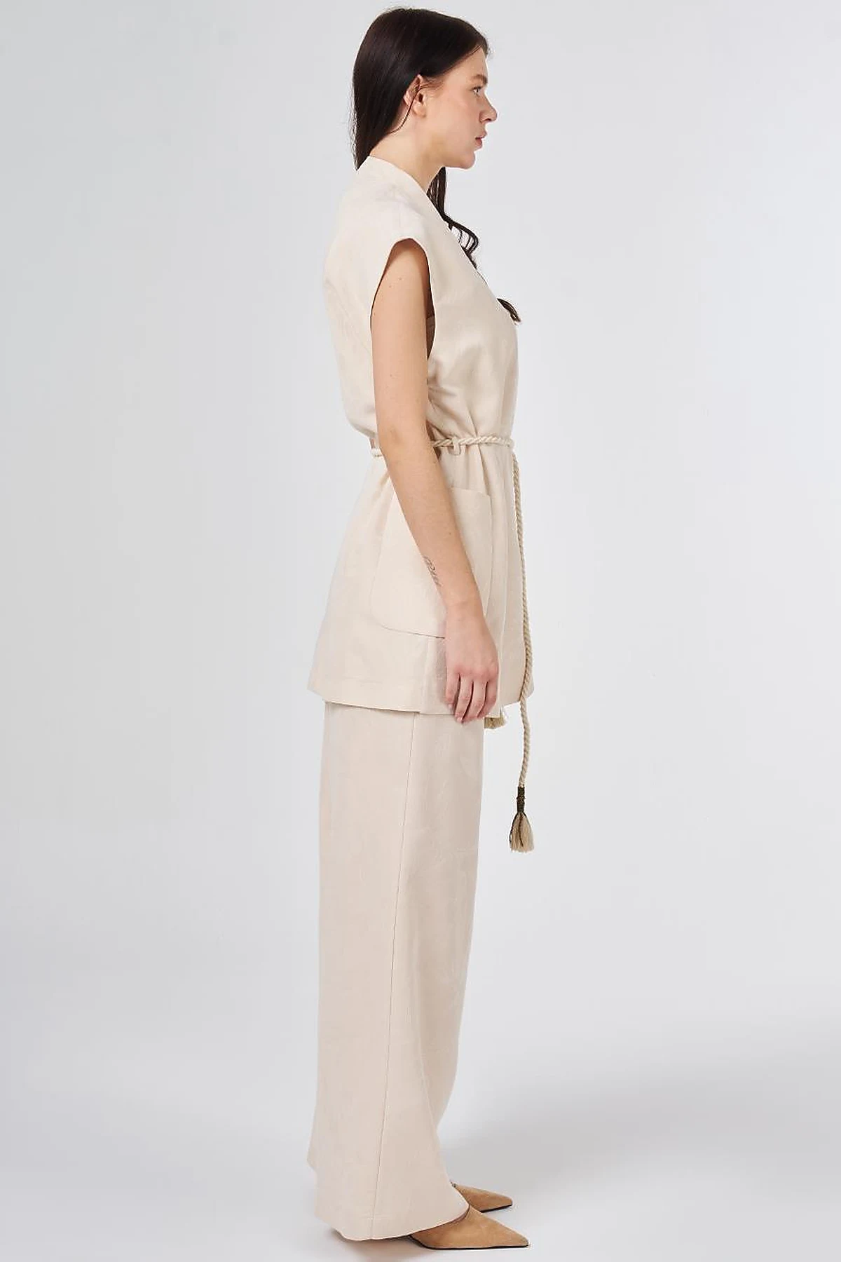 Modal Vest Set with Drawstring Belt Cream