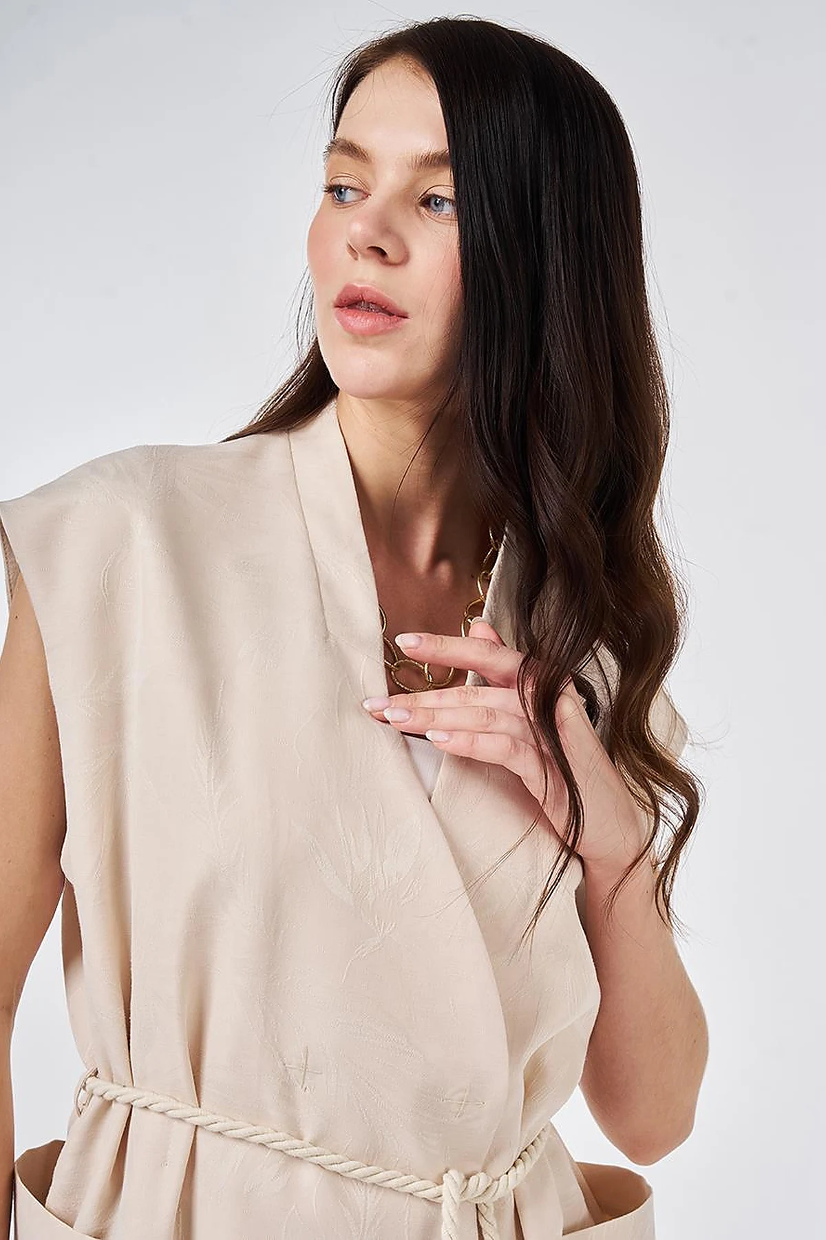 Modal Vest Set with Drawstring Belt Cream