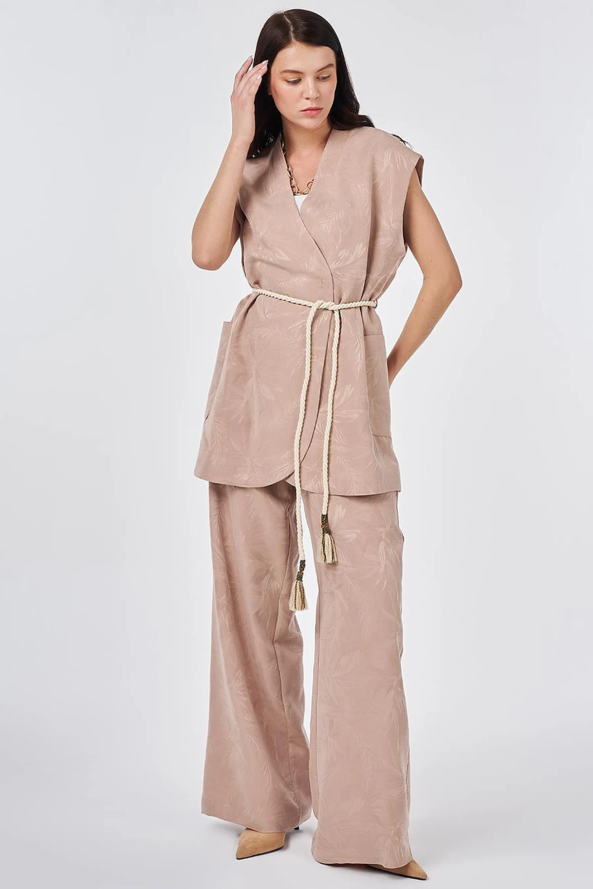 Modal Vest Set with Drawstring Belt Nude