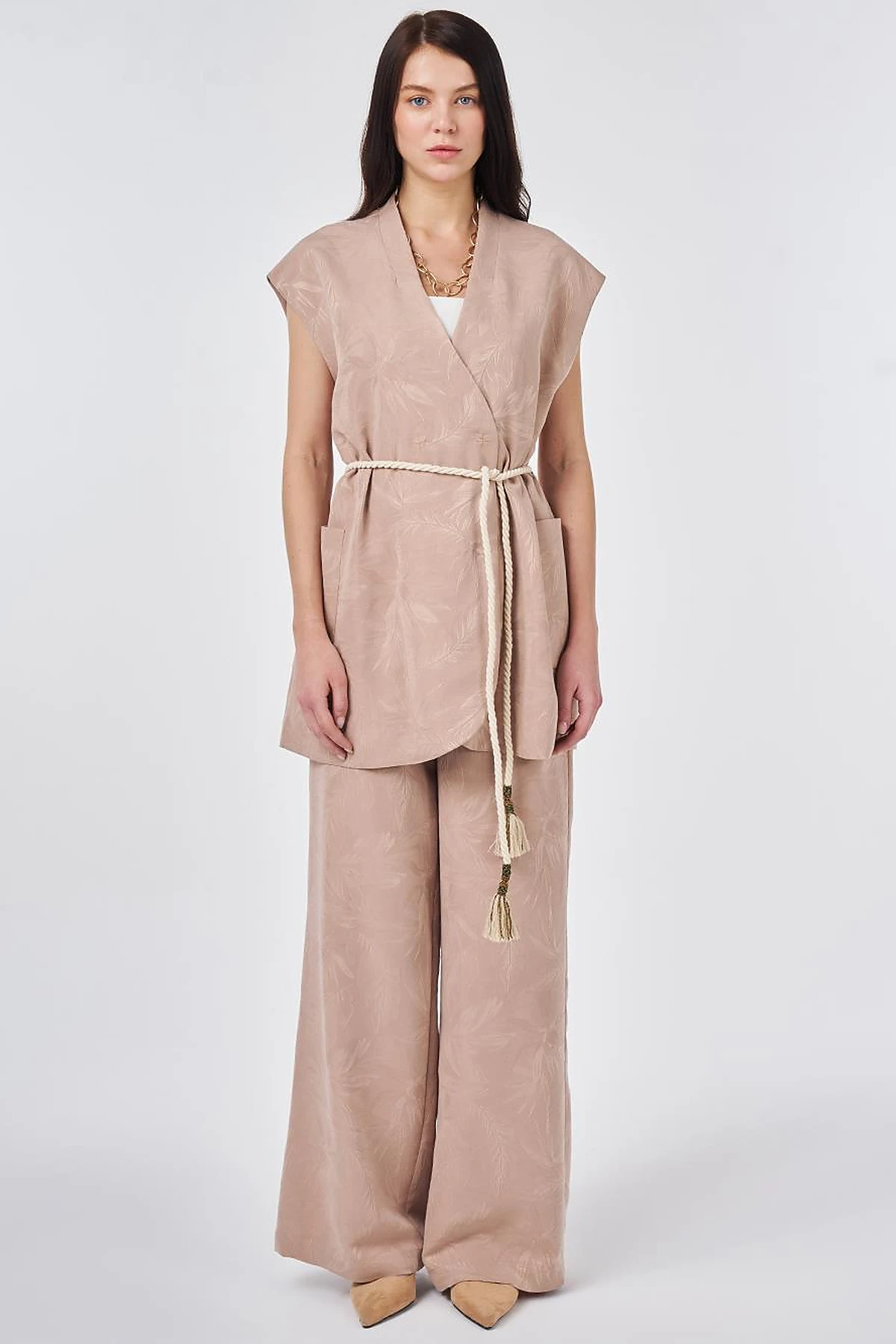 Modal Vest Set with Drawstring Belt Nude