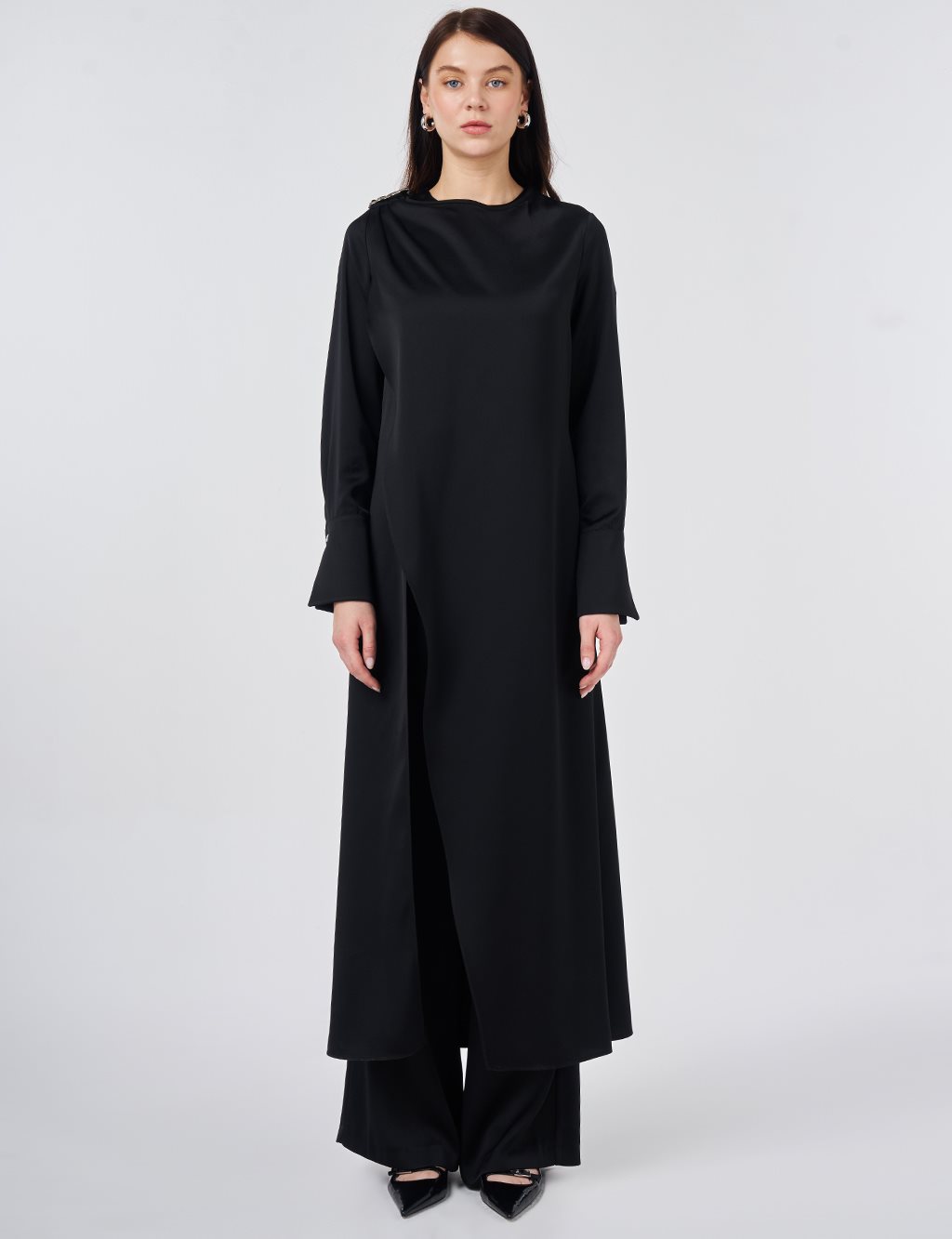 Metal Tokalı Saten İkili Takım Siyah 