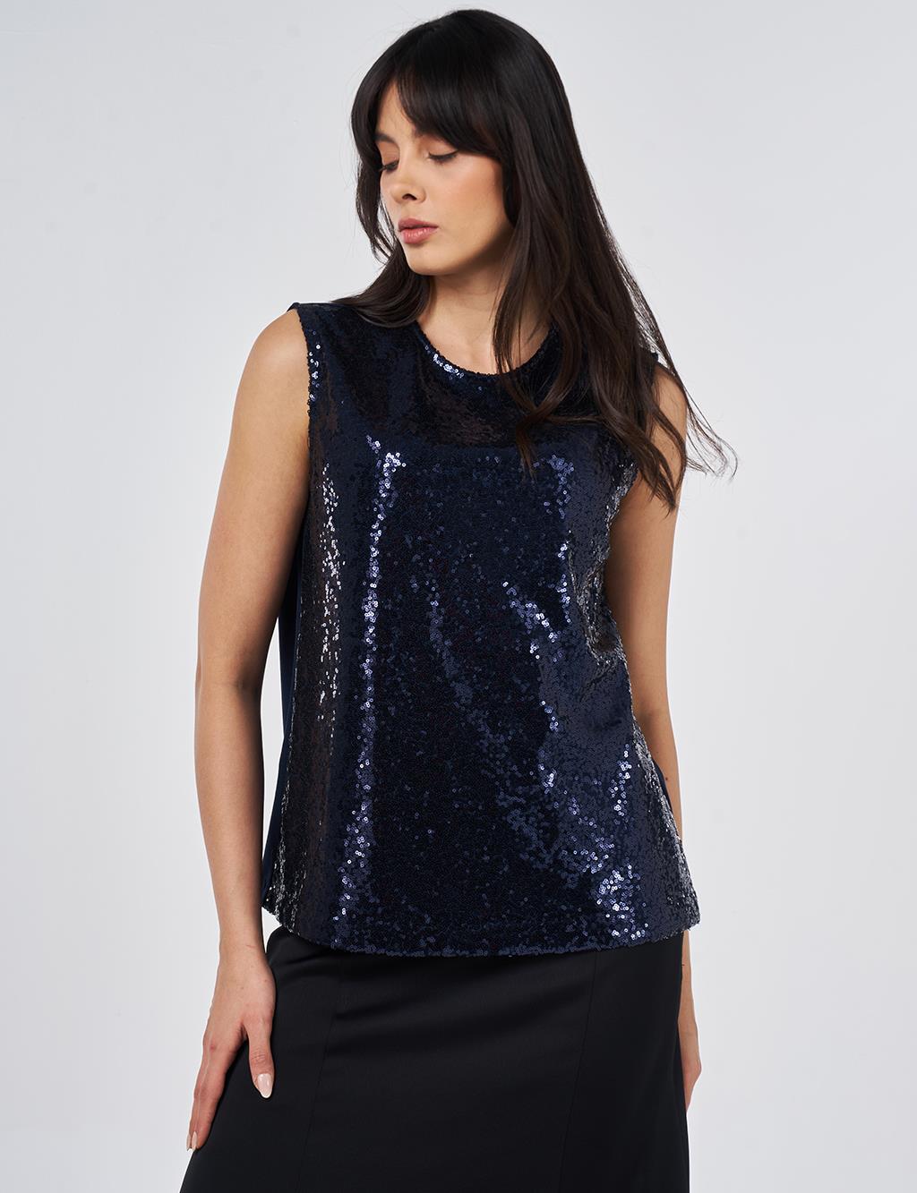 Crew Neck Sequin Blouse Dark Navy