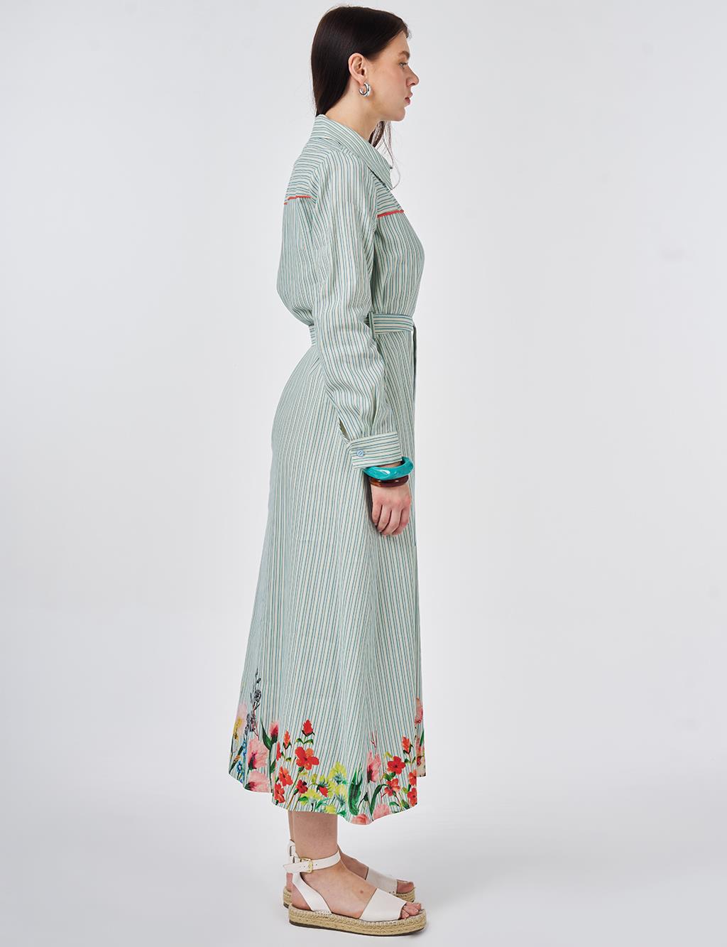 Belted Cotton Linen Dress Blue