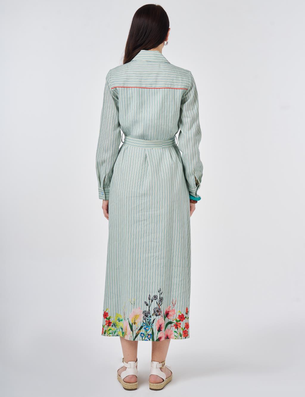 Belted Cotton Linen Dress Blue