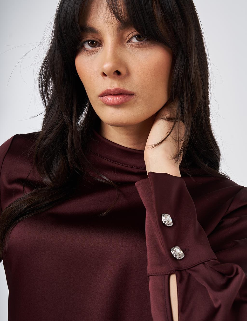 Kuşak Detaylı Saten Bluz Bordo