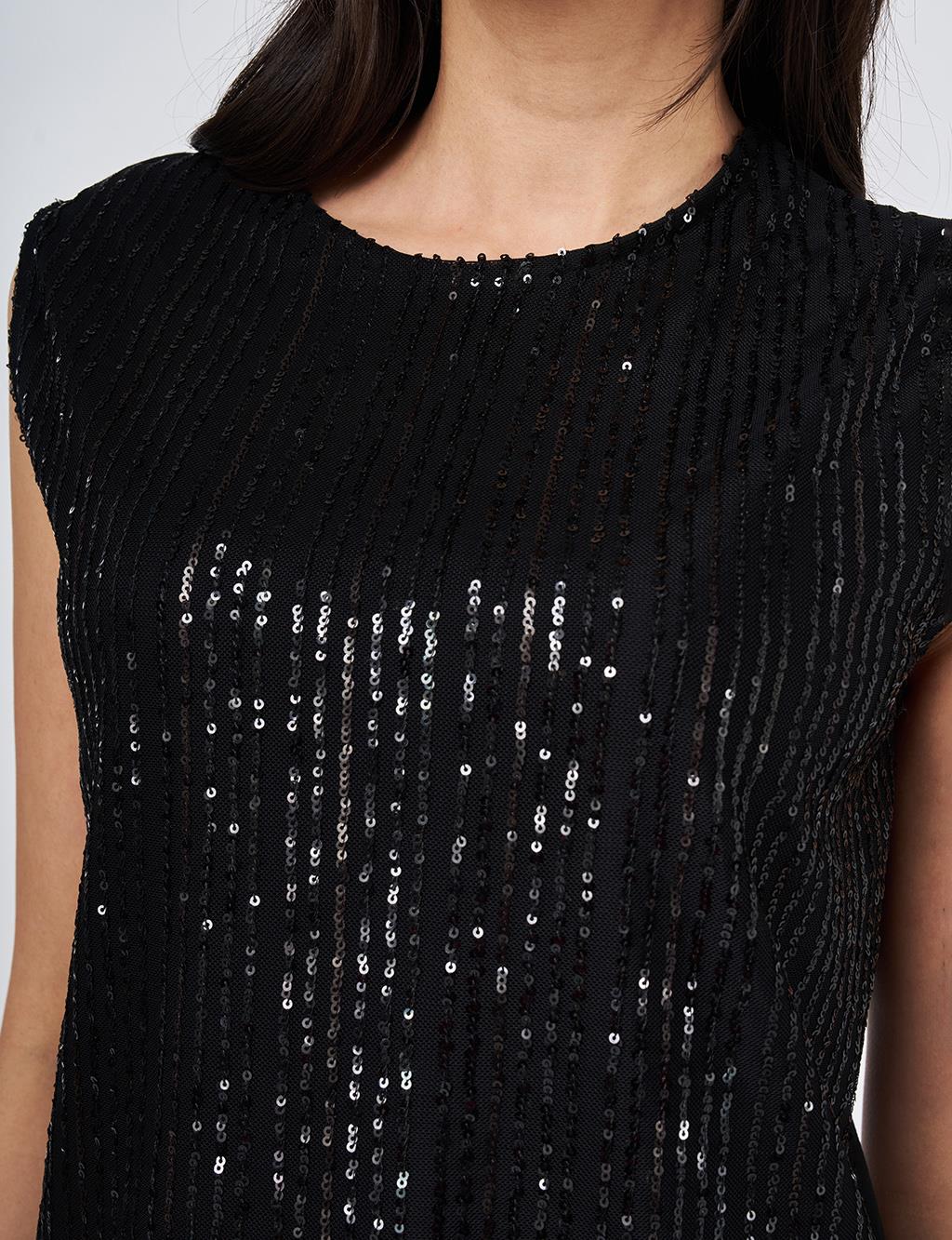 Cream Crew Neck Sequin Blouse Black