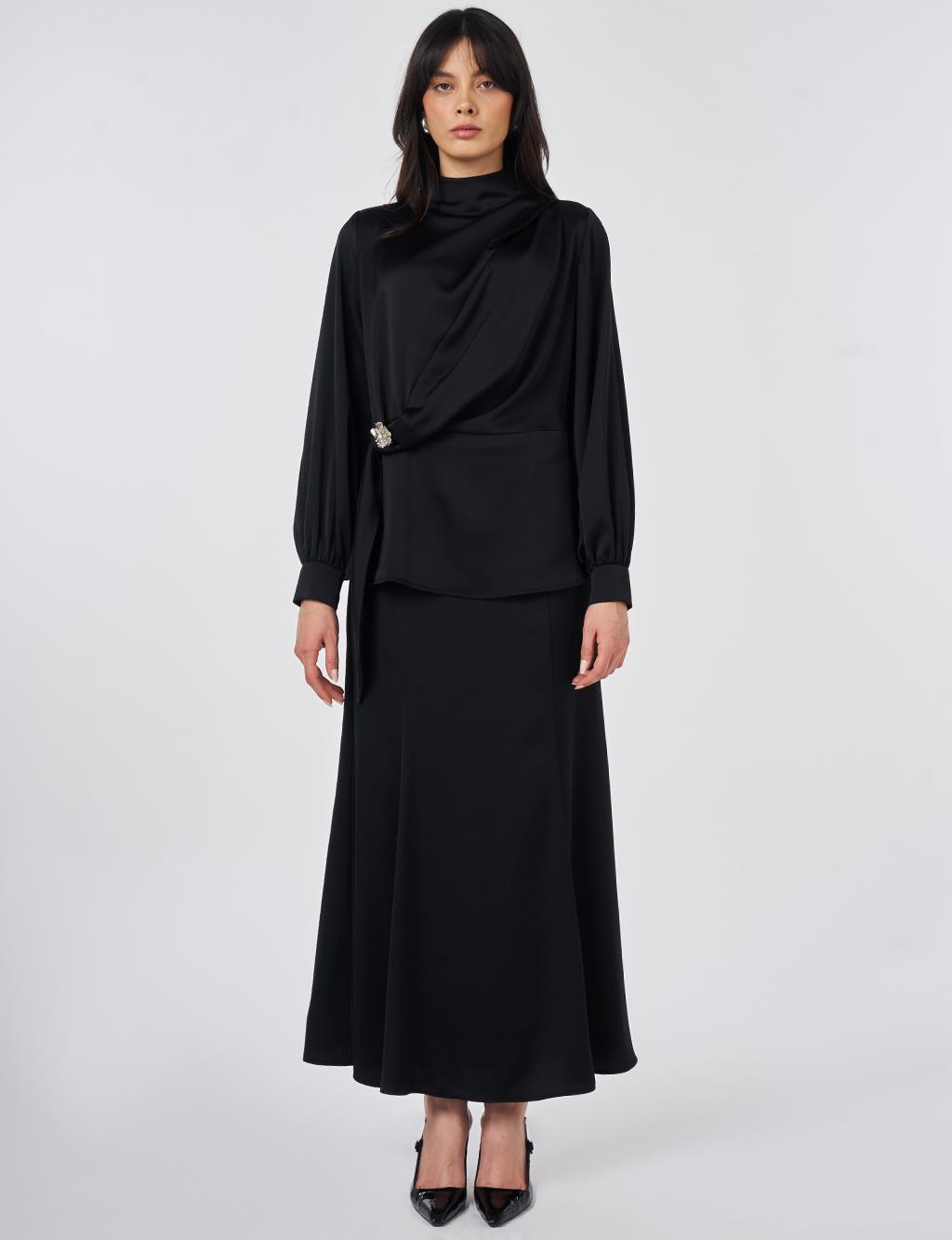 Stand Collar Satin Blouse Black