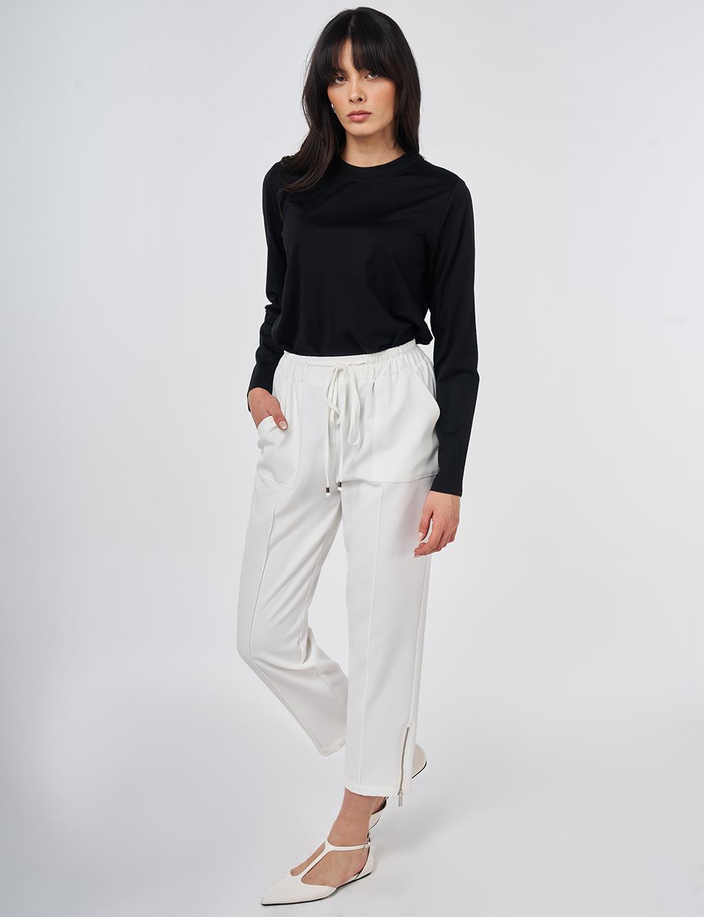 Zippered Hem Straight-Leg Pants Ecru