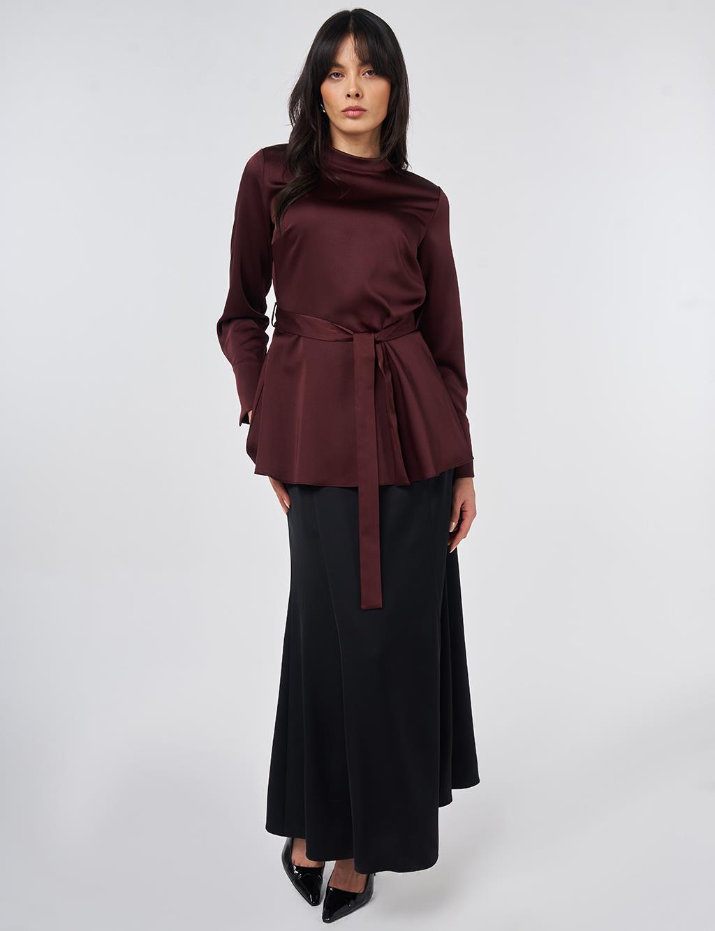 Kuşak Detaylı Saten Bluz Bordo