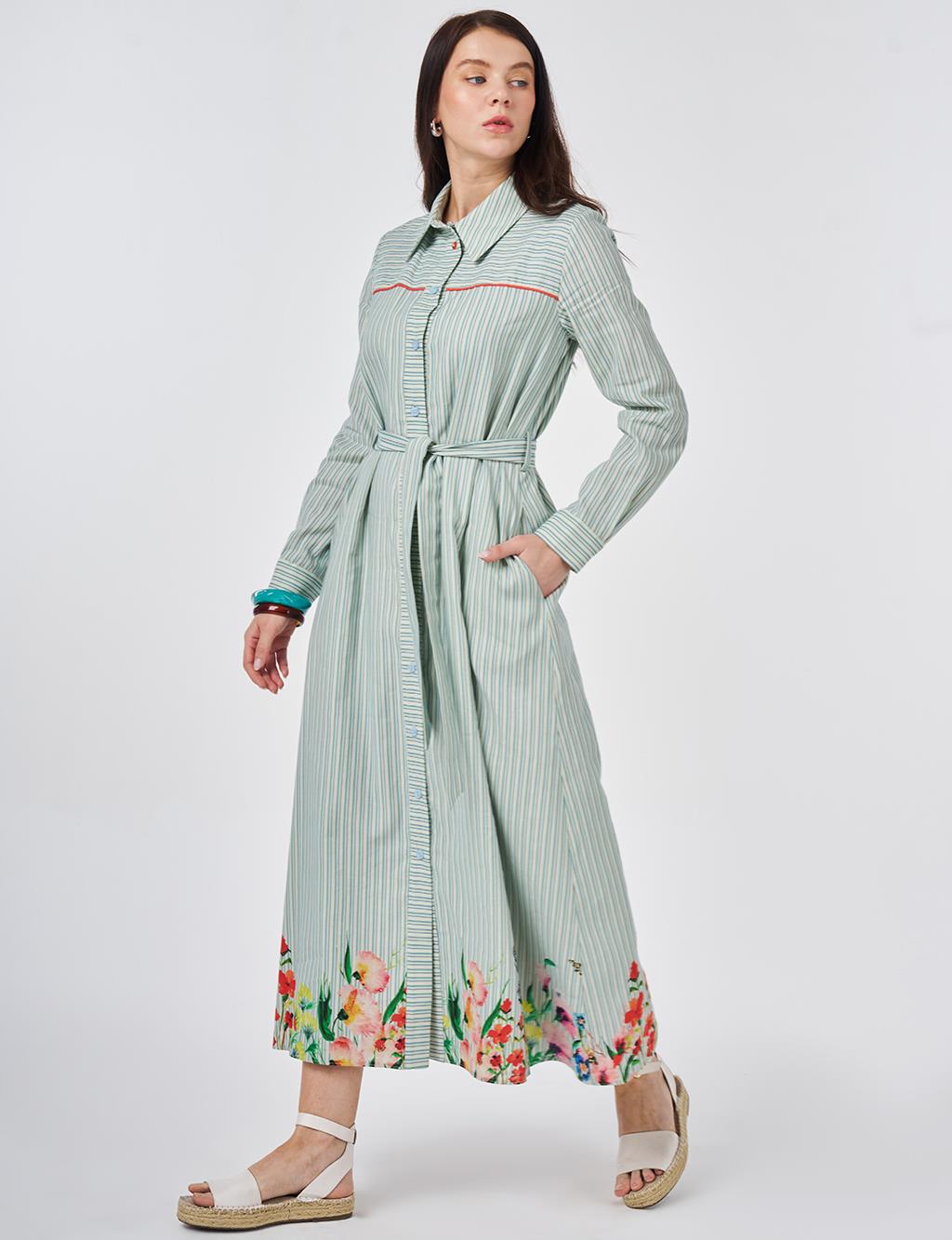 Belted Cotton Linen Dress Blue