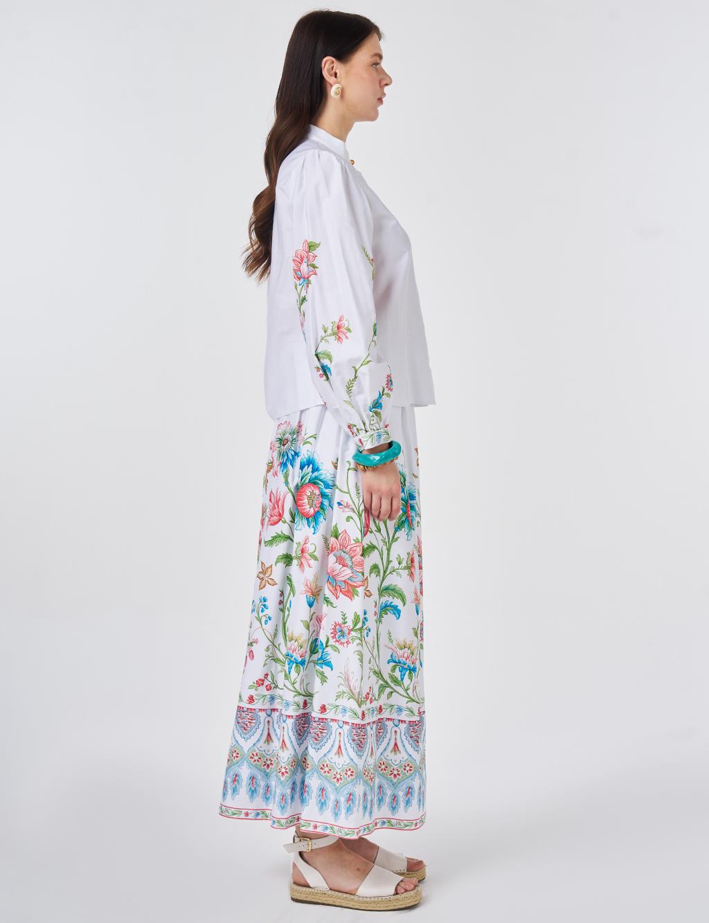 %100 Pamuklu Floral Desen Etekli Takım Optik Beyaz