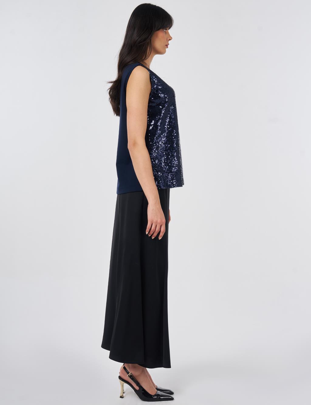 Crew Neck Sequin Blouse Dark Navy