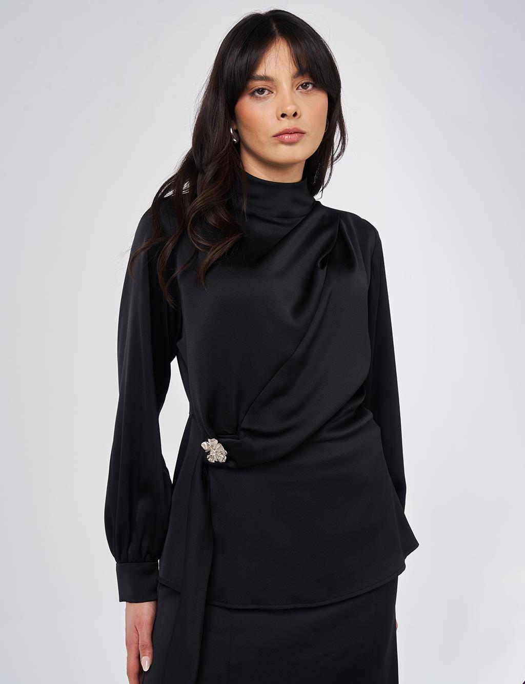 Stand Collar Satin Blouse Black