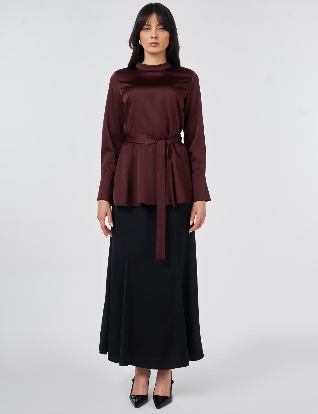 Kuşak Detaylı Saten Bluz Bordo