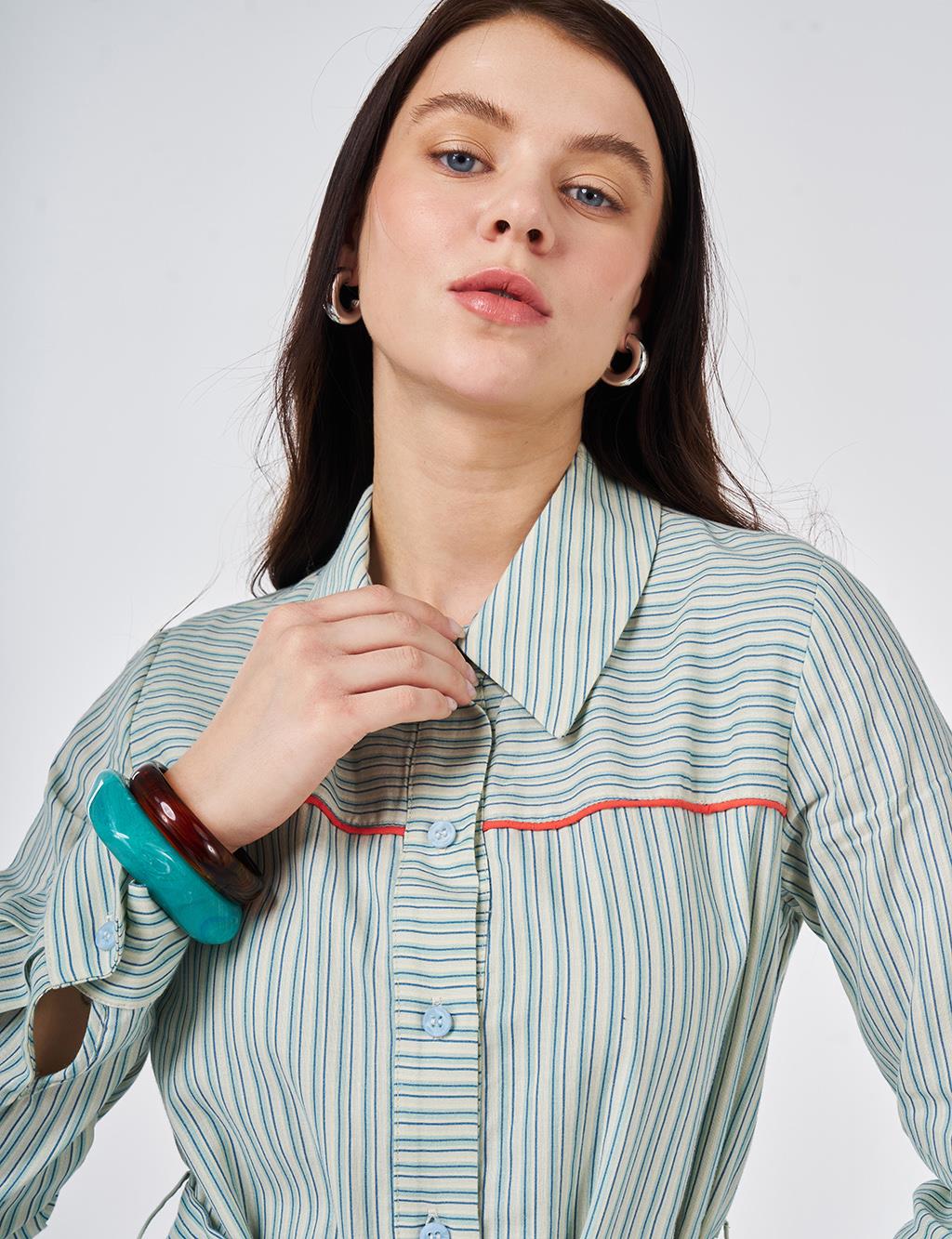 Belted Cotton Linen Dress Blue