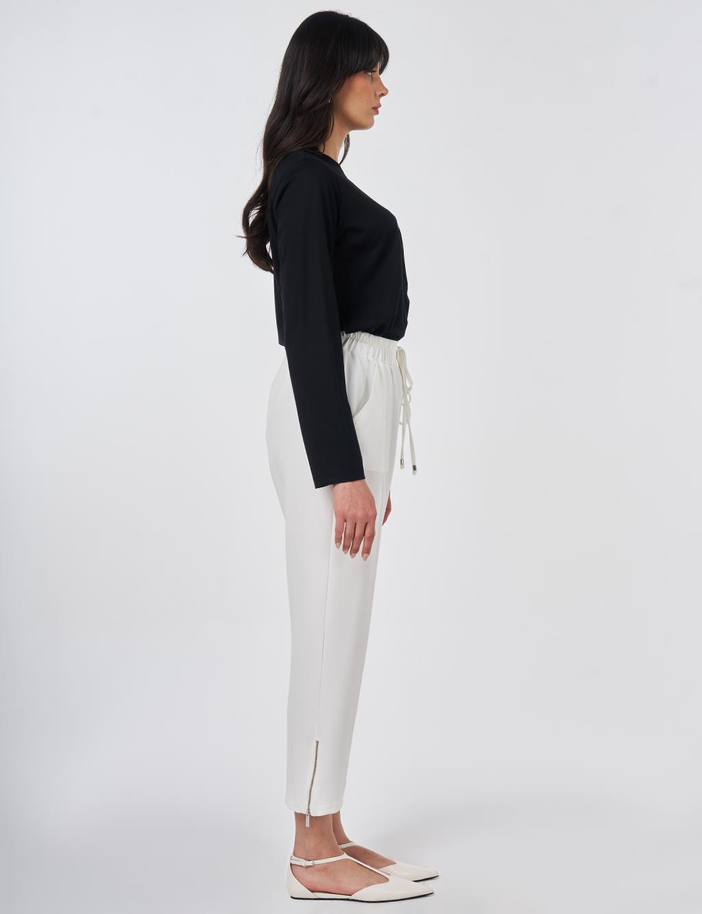 Zippered Hem Straight-Leg Pants Ecru