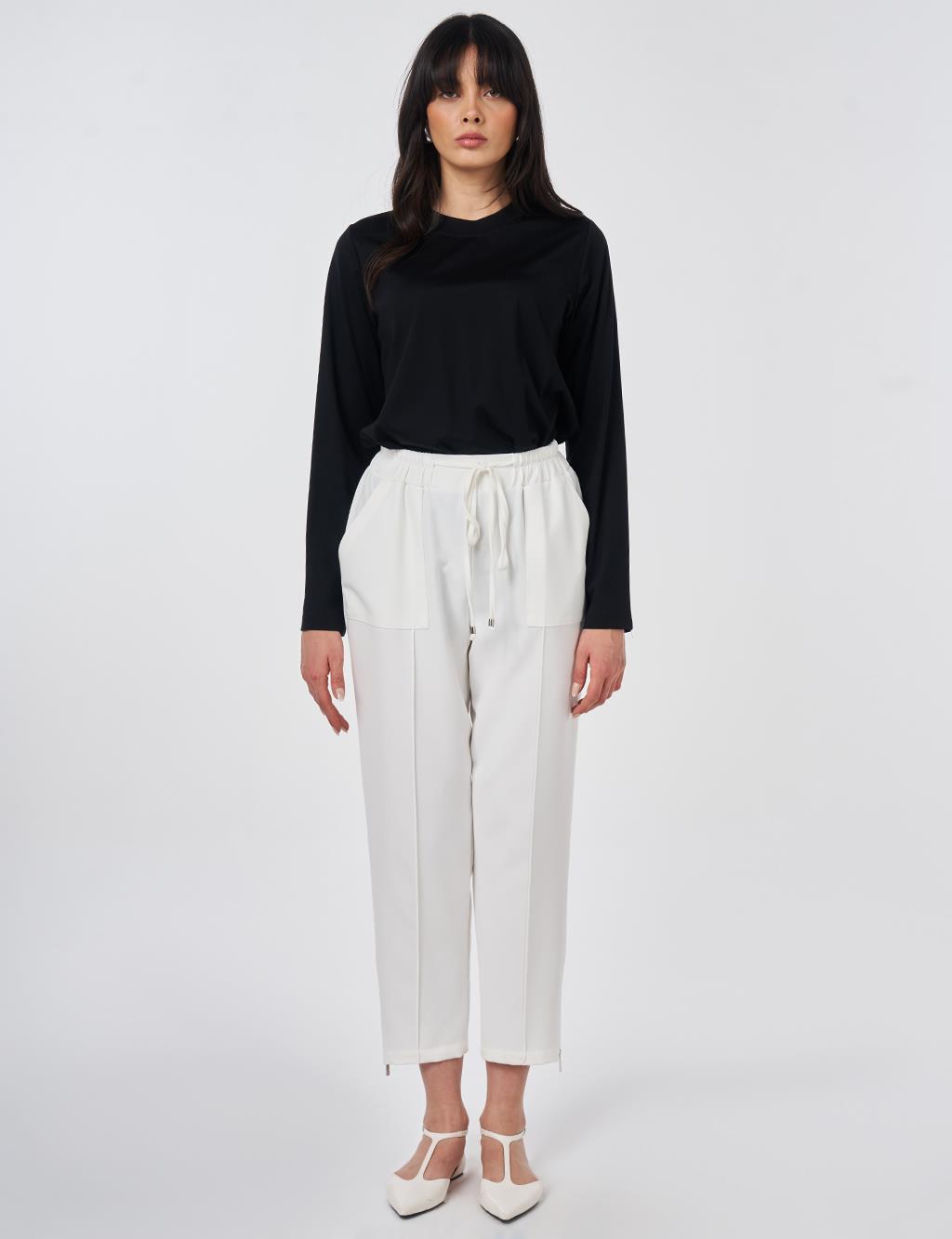 Zippered Hem Straight-Leg Pants Ecru