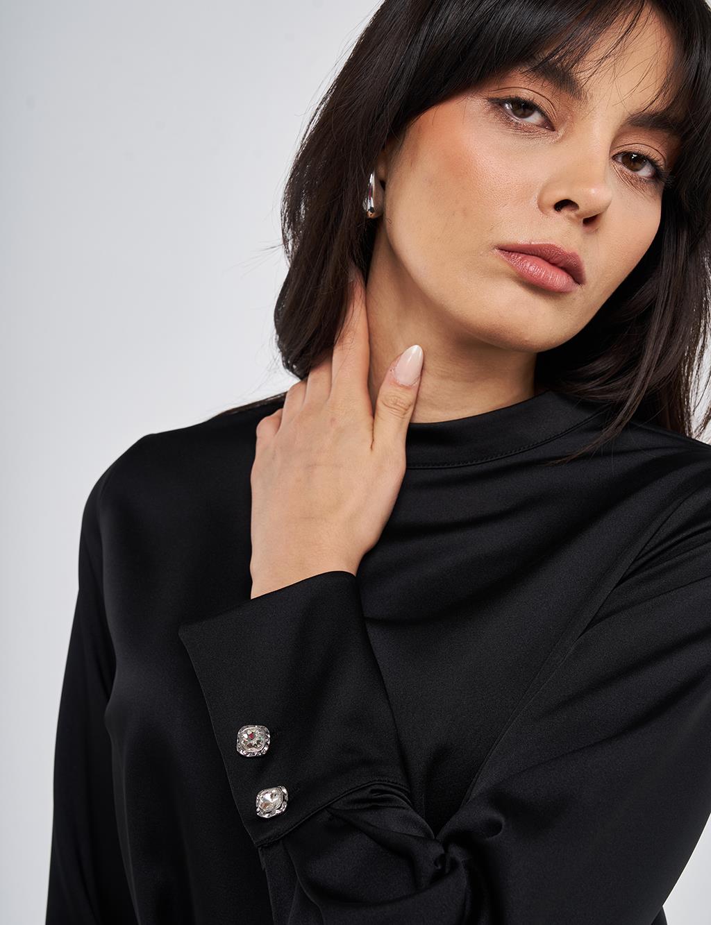 Kuşak Detaylı Saten Bluz Siyah