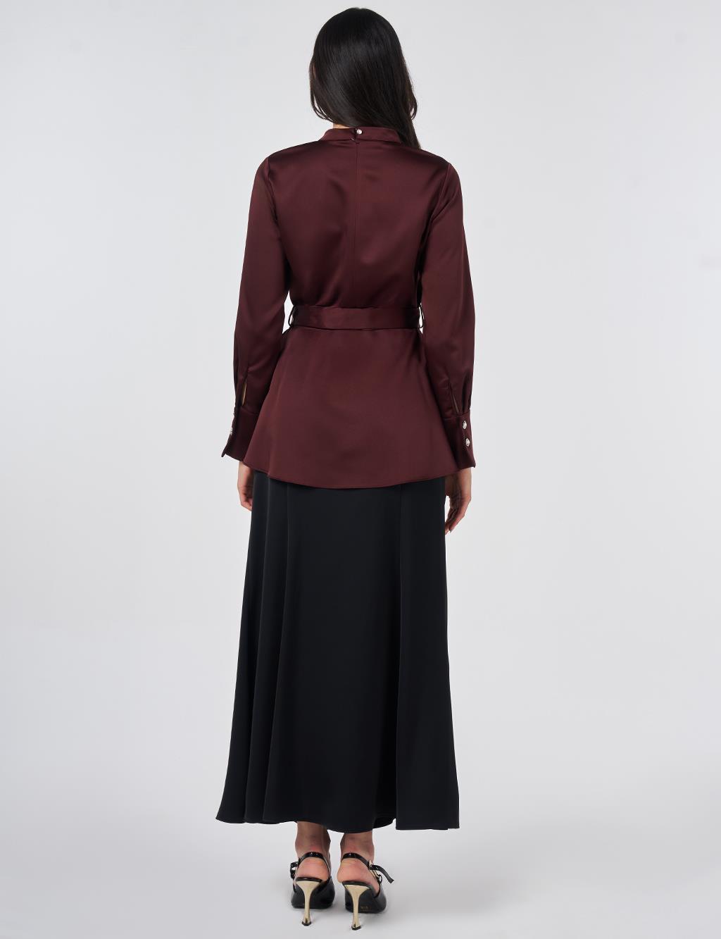 Kuşak Detaylı Saten Bluz Bordo