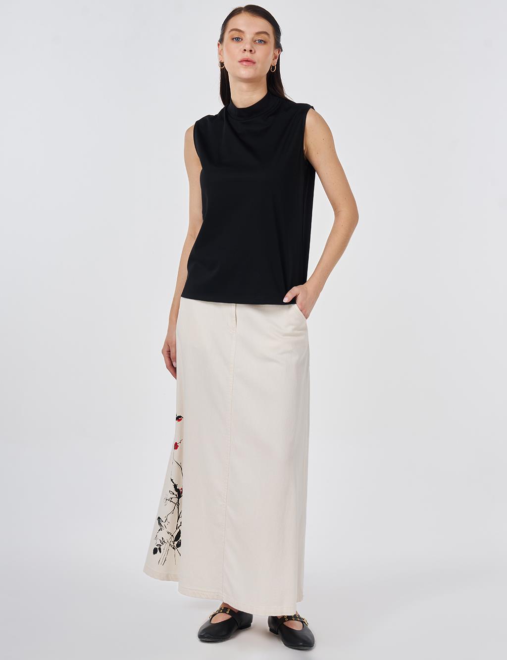 Short Stand-Up Collar Rayon T-shirt Black