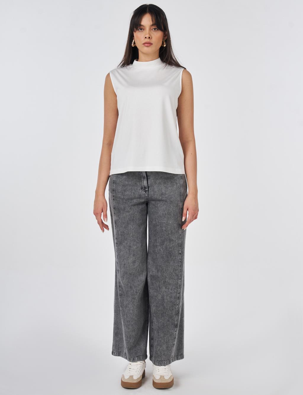 Short Stand-Up Collar Viscose T-shirt Optical White