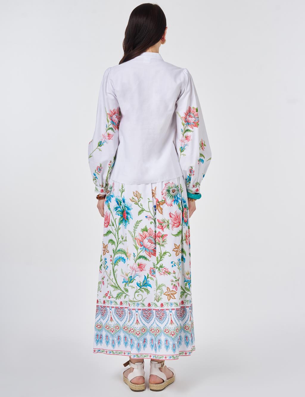 %100 Pamuklu Floral Desen Etekli Takım Optik Beyaz