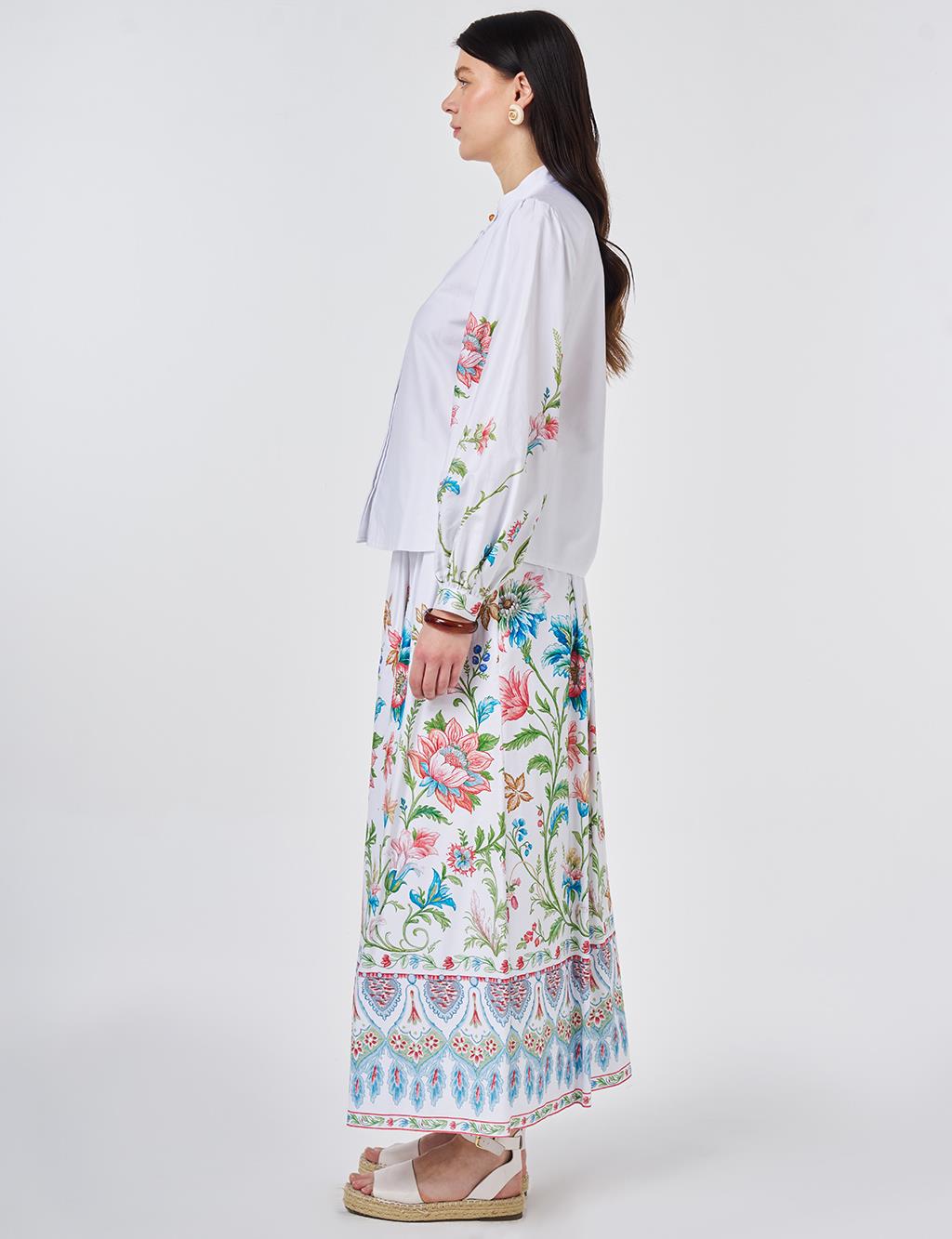 %100 Pamuklu Floral Desen Etekli Takım Optik Beyaz