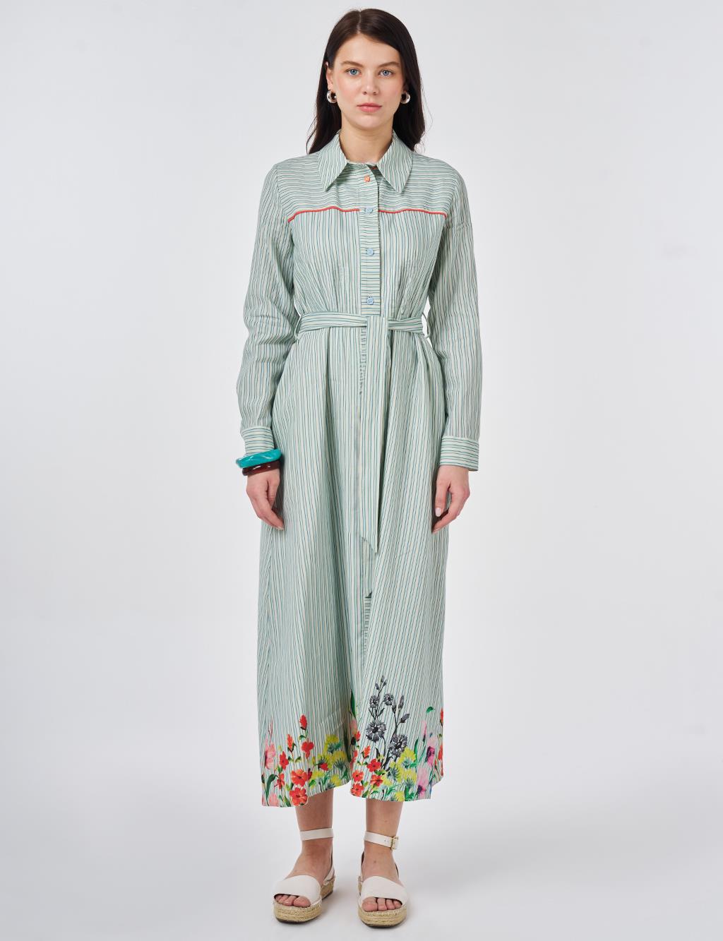 Belted Cotton Linen Dress Blue