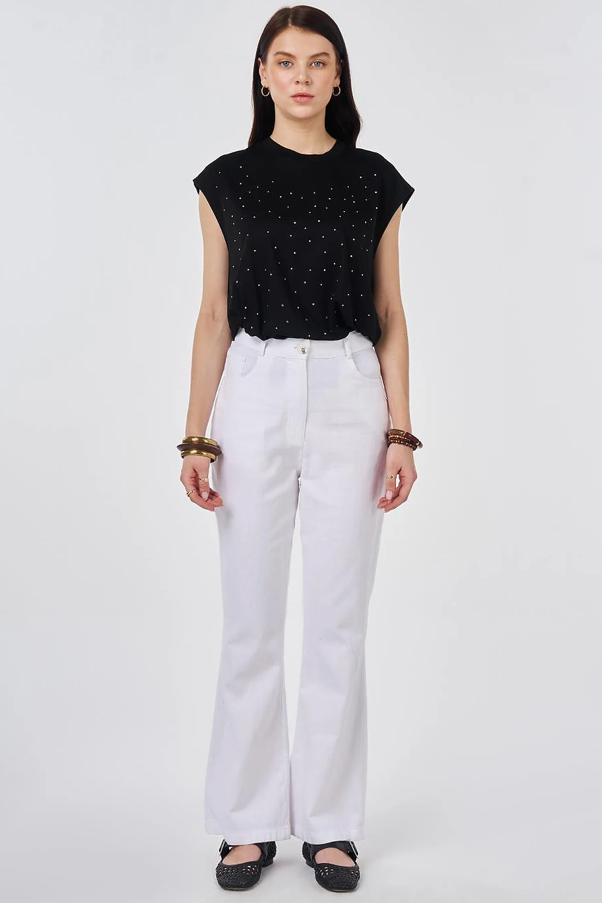 İspanyol Paça Denim Pantolon Optik Beyaz