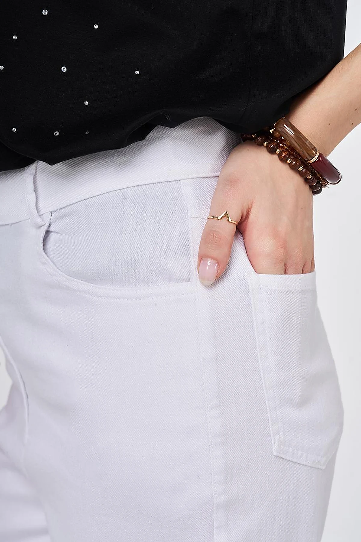 İspanyol Paça Denim Pantolon Optik Beyaz