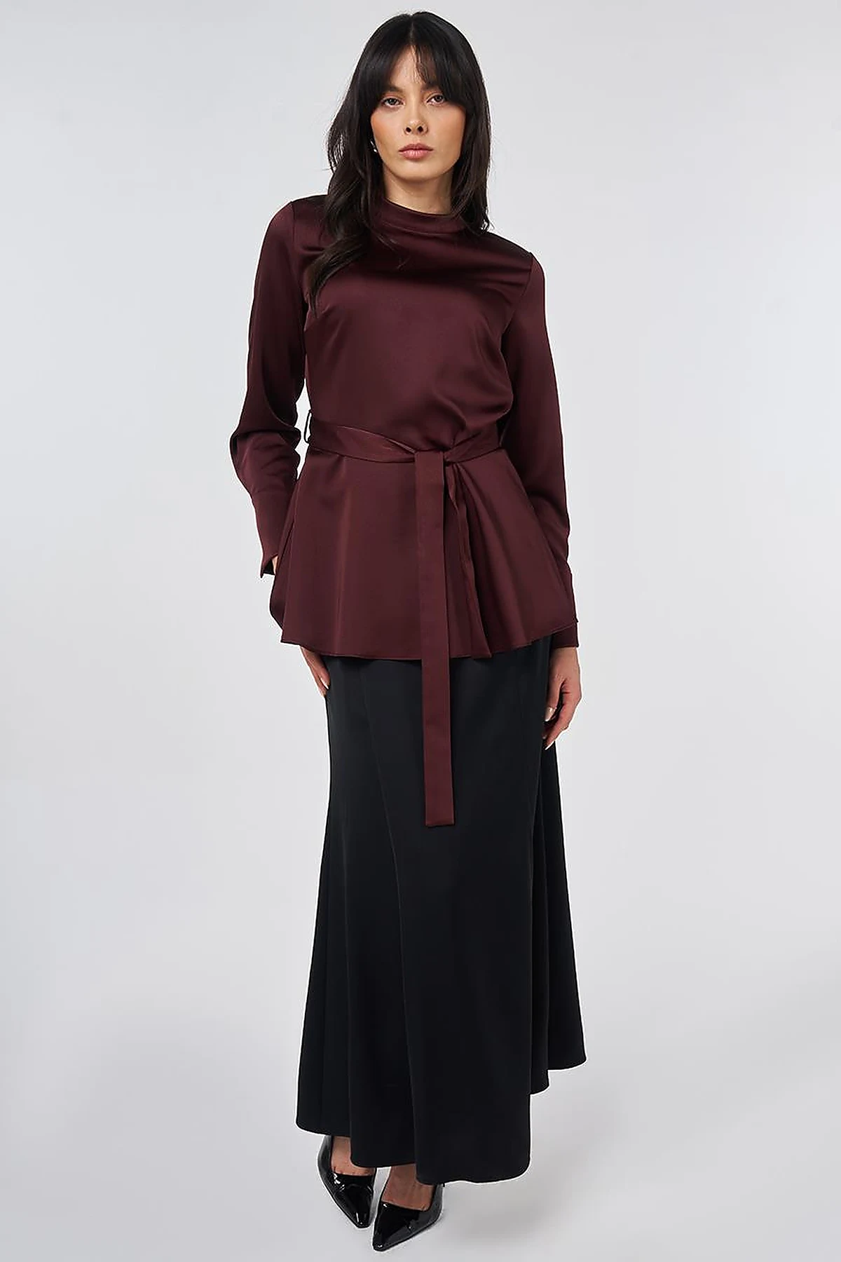 Kuşak Detaylı Saten Bluz Bordo