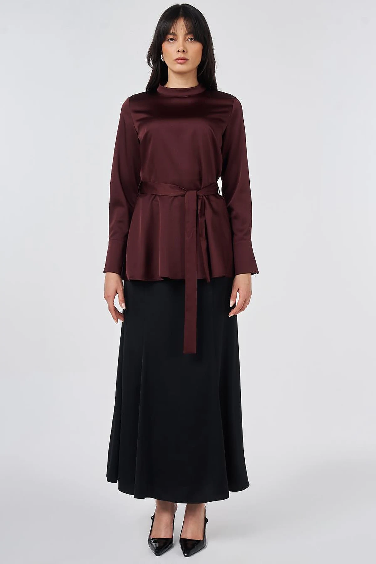 Kuşak Detaylı Saten Bluz Bordo