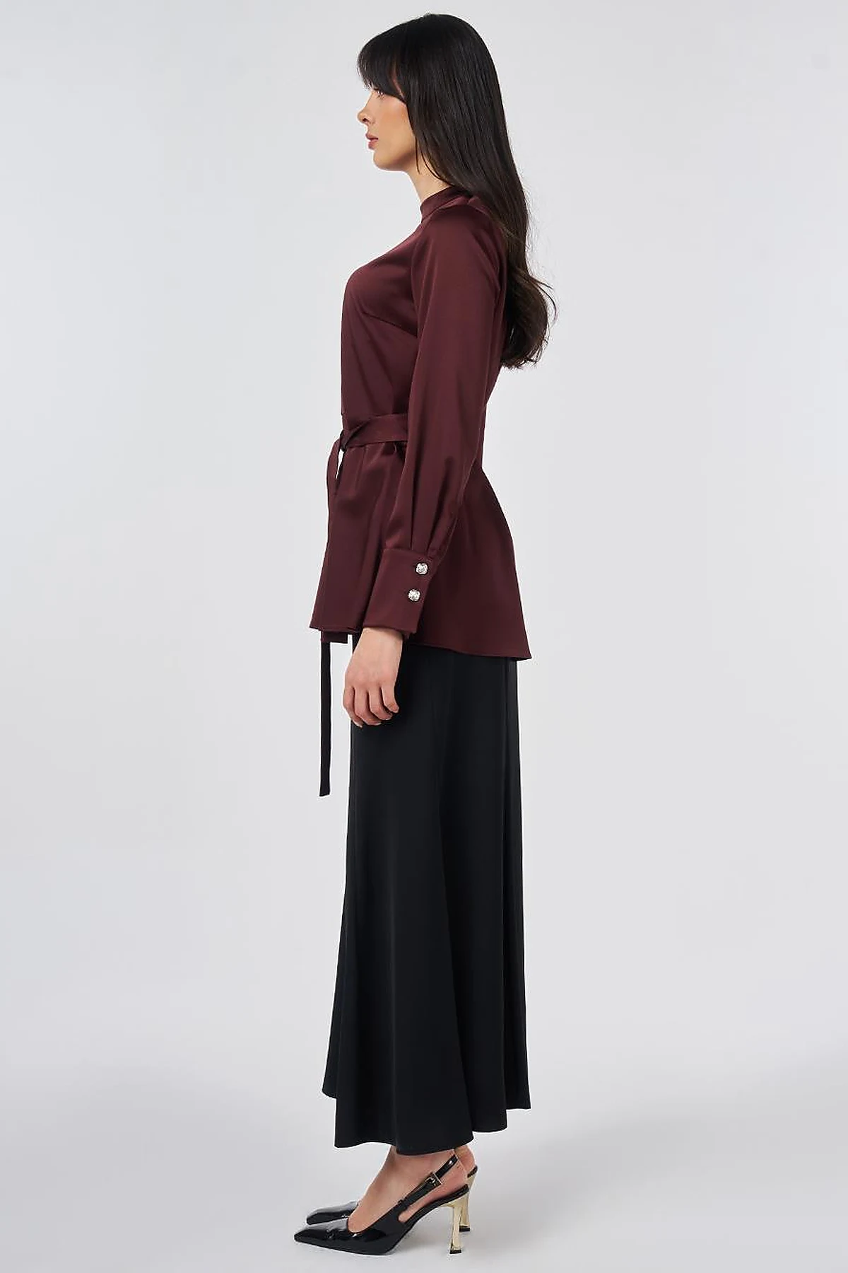 Kuşak Detaylı Saten Bluz Bordo