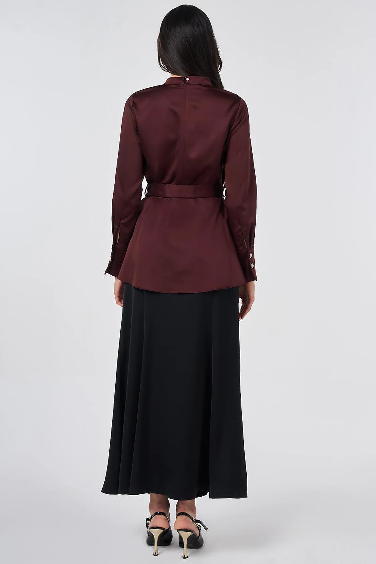 Kuşak Detaylı Saten Bluz Bordo