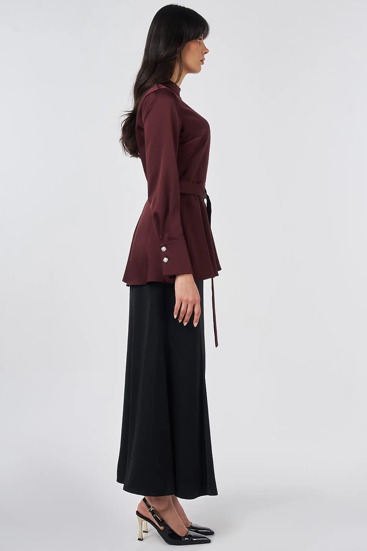 Kuşak Detaylı Saten Bluz Bordo
