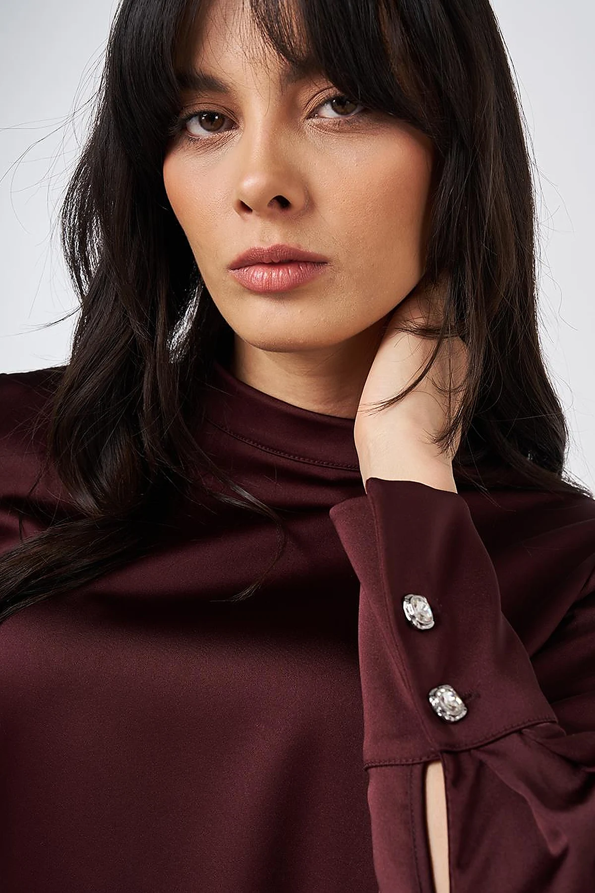 Kuşak Detaylı Saten Bluz Bordo