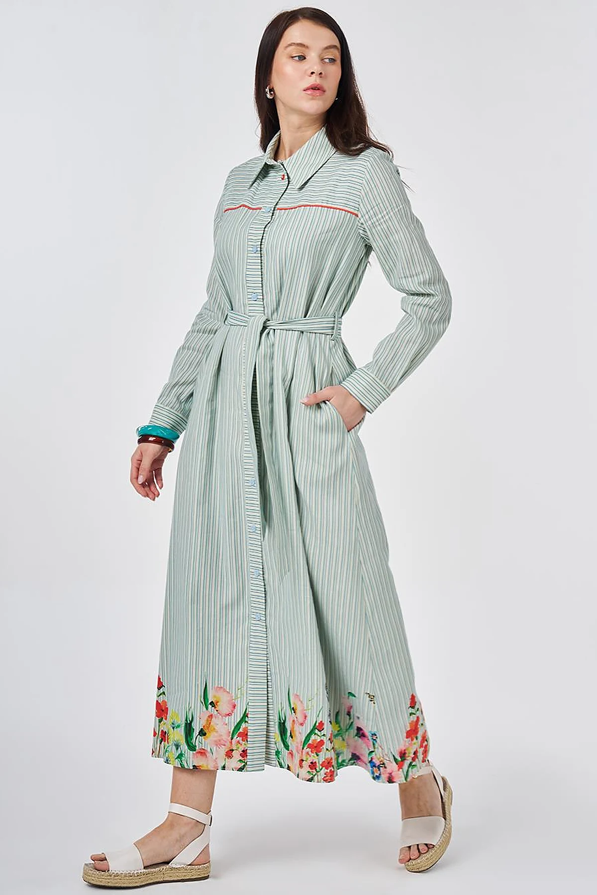 Belted Cotton Linen Dress Blue