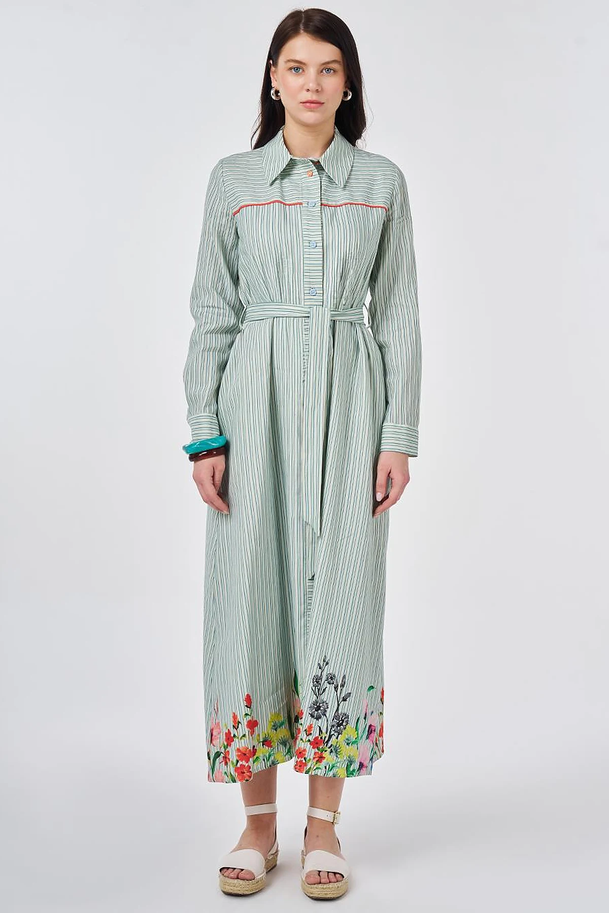 Belted Cotton Linen Dress Blue